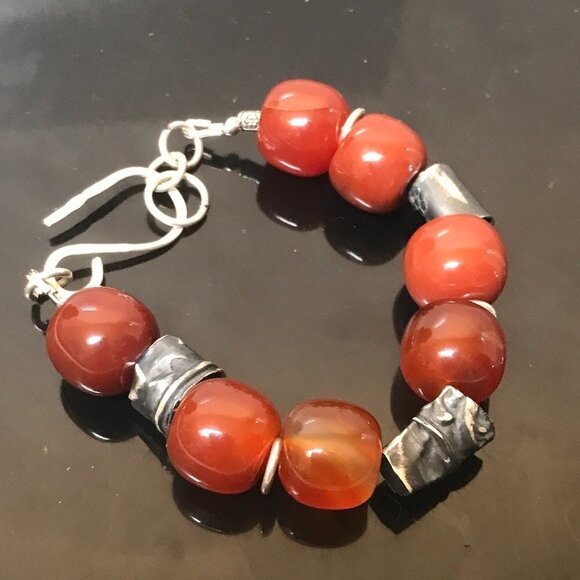 Barrel Carnelian Chunky Bracelet Sterling Silver Tribal Rustic Primitive 925 - Picture 4 of 6